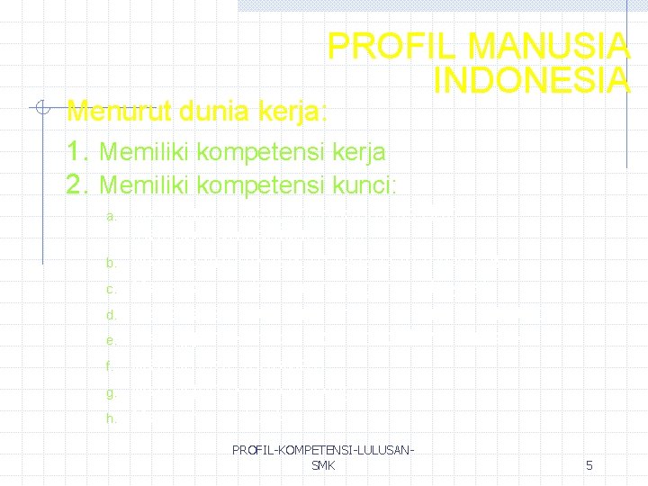 PROFIL MANUSIA INDONESIA Menurut dunia kerja: 1. Memiliki kompetensi kerja 2. Memiliki kompetensi kunci: PROFIL MANUSIA INDONESIA Menurut dunia kerja: 1. Memiliki kompetensi kerja 2. Memiliki kompetensi kunci: