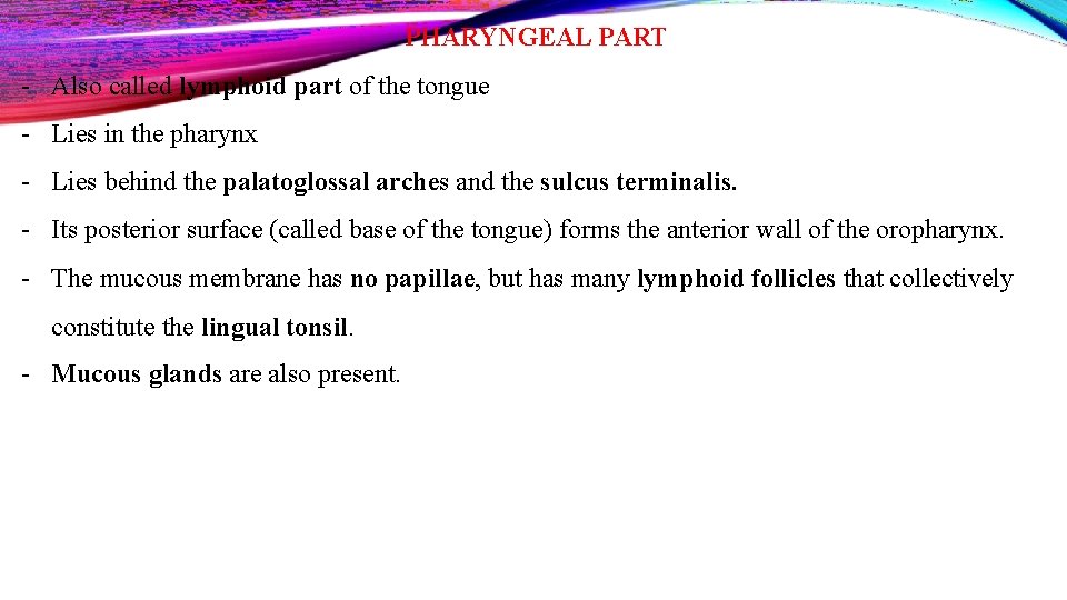 PHARYNGEAL PART - Also called lymphoid part of the tongue - Lies in the