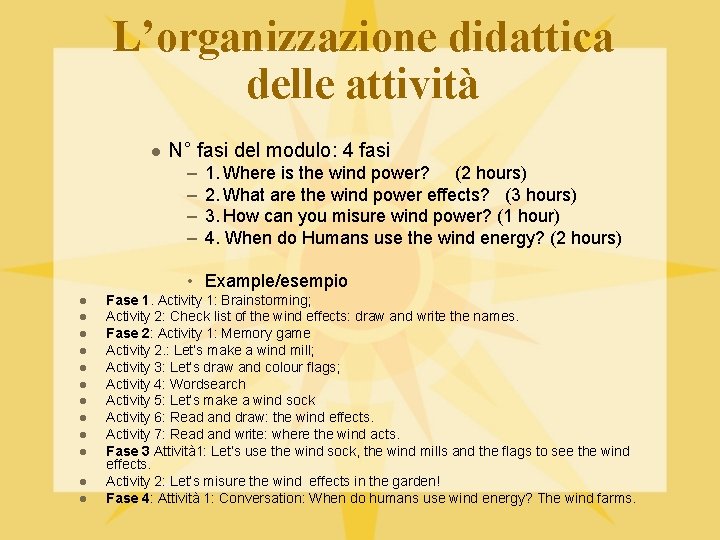 L’organizzazione didattica delle attività l N° fasi del modulo: 4 fasi – – 1.