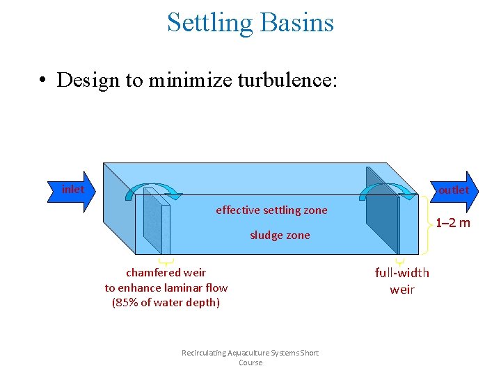 Settling Basins • Design to minimize turbulence: length: width = 4: 1 to 8: