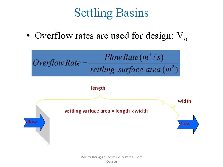 Settling Basins • Overflow rates are used for design: Vo length width settling surface