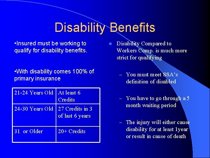 Disability Benefits • Insured must be working to qualify for disability benefits. l Disability