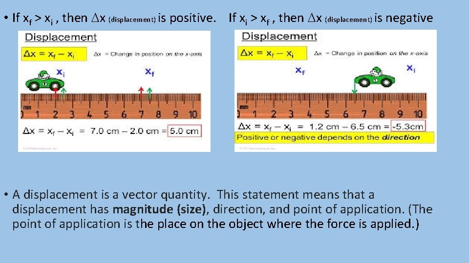  • If xf > xi , then x (displacement) is positive. If xi