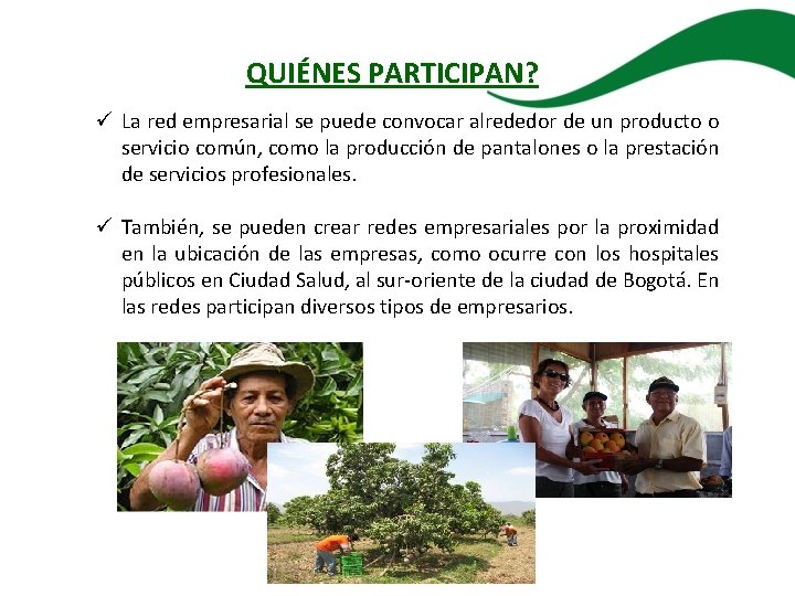 QUIÉNES PARTICIPAN? ü La red empresarial se puede convocar alrededor de un producto o