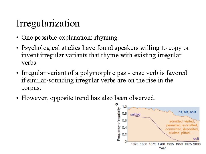 Irregularization • One possible explanation: rhyming • Psychological studies have found speakers willing to