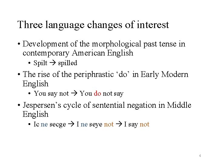 Three language changes of interest • Development of the morphological past tense in contemporary