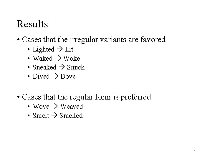 Results • Cases that the irregular variants are favored • • Lighted Lit Waked