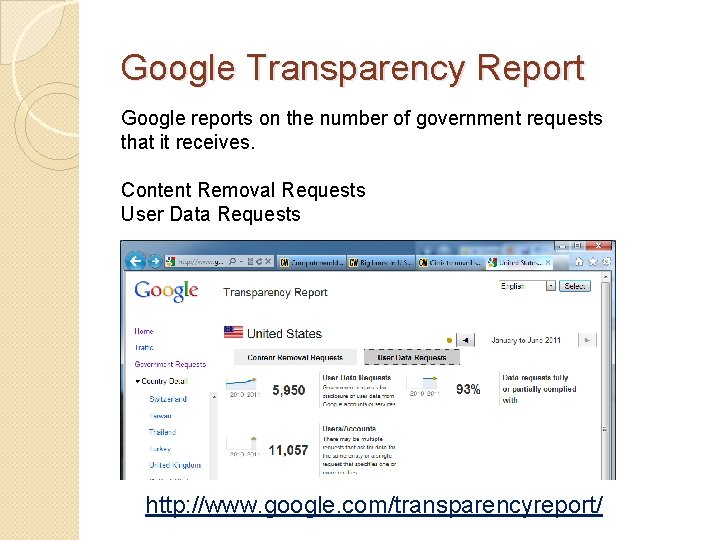 Google Transparency Report Google reports on the number of government requests that it receives.