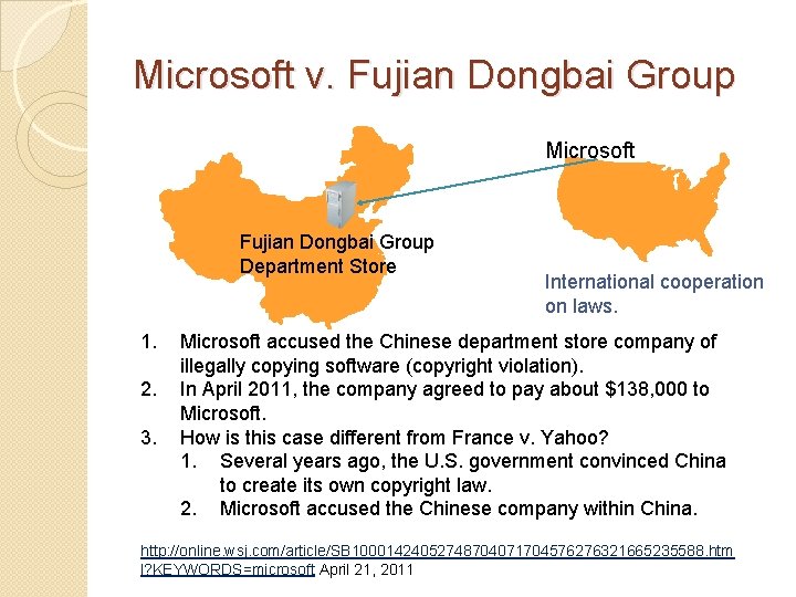 Microsoft v. Fujian Dongbai Group Microsoft Fujian Dongbai Group Department Store 1. 2. 3.