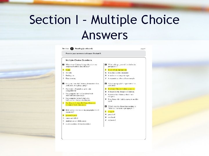 Section I – Multiple Choice Answers Section I – Multiple Choice Answers