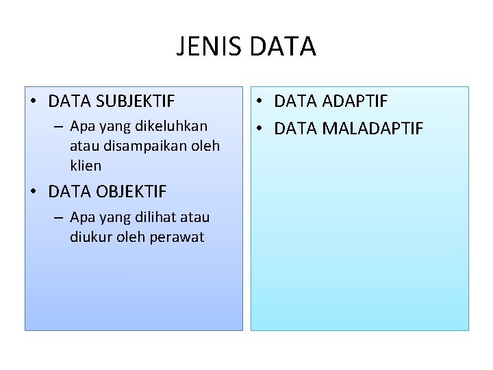 JENIS DATA • DATA SUBJEKTIF – Apa yang dikeluhkan atau disampaikan oleh klien •