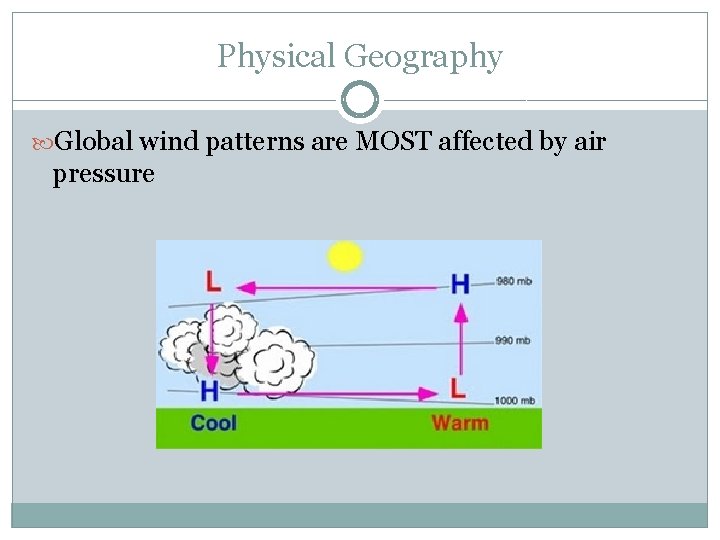 Physical Geography Global wind patterns are MOST affected by air pressure 