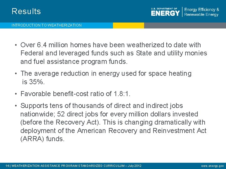 Results INTRODUCTION TO WEATHERIZATION • Over 6. 4 million homes have been weatherized to