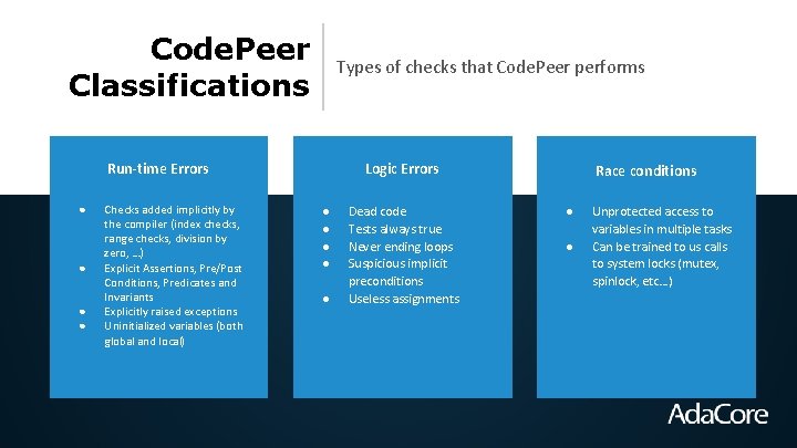 Code. Peer Classifications Types of checks that Code. Peer performs Run-time Errors ● ●