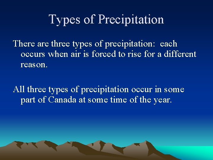 Types of Precipitation There are three types of precipitation: each occurs when air is Types of Precipitation There are three types of precipitation: each occurs when air is