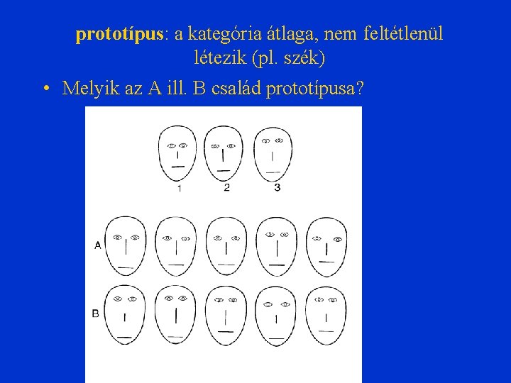 prototípus: a kategória átlaga, nem feltétlenül létezik (pl. szék) • Melyik az A ill.