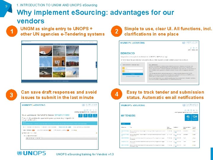 1. INTRODUCTION TO UNGM AND UNOPS e. Sourcing 9 Why implement e. Sourcing: advantages