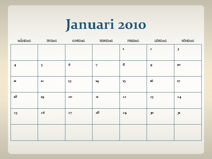 Januari 2010 MÅNDAG TISDAG ONSDAG TORSDAG FREDAG LÖRDAG SÖNDAG 1 2 3 4 5