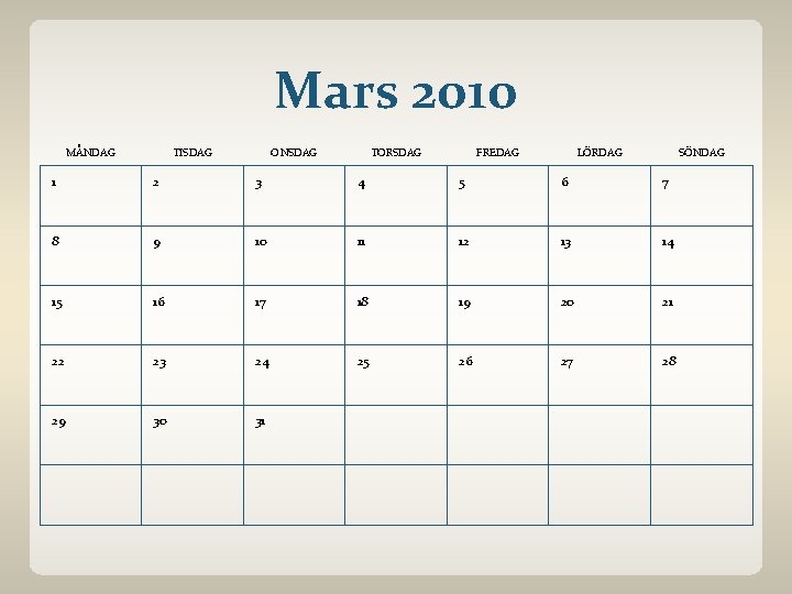 Mars 2010 MÅNDAG TISDAG ONSDAG TORSDAG FREDAG LÖRDAG SÖNDAG 1 2 3 4 5