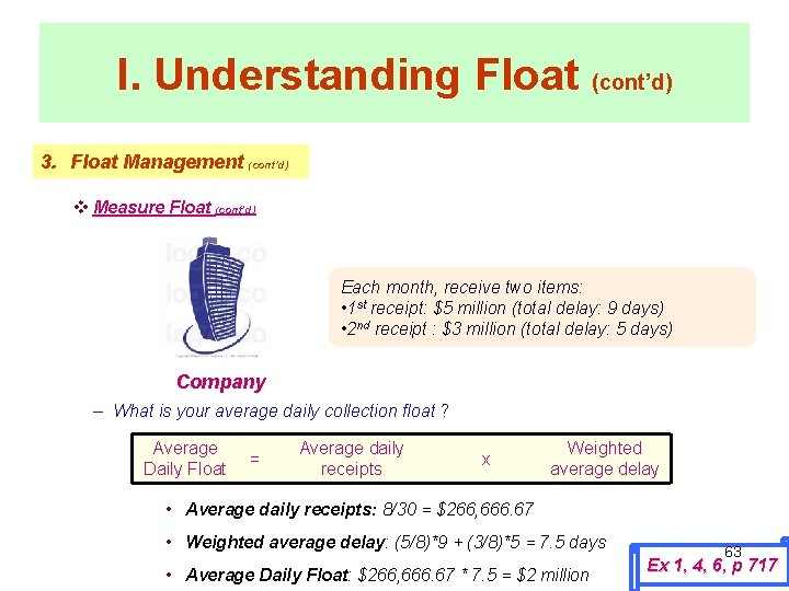 I. Understanding Float (cont’d) 3. Float Management (cont’d) v Measure Float (cont’d) Each month,