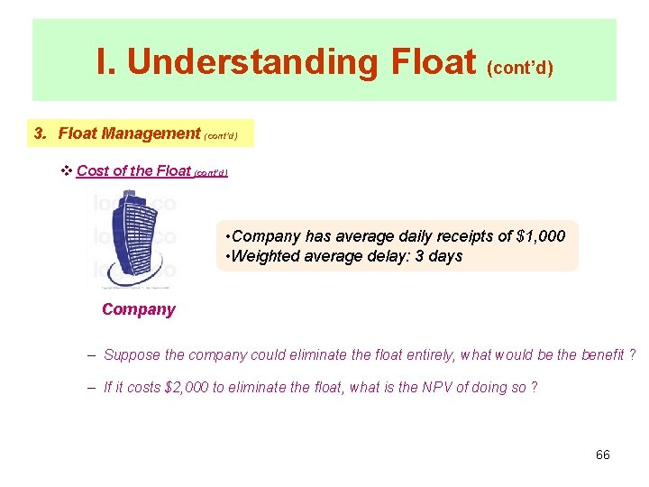 I. Understanding Float (cont’d) 3. Float Management (cont’d) v Cost of the Float (cont’d)