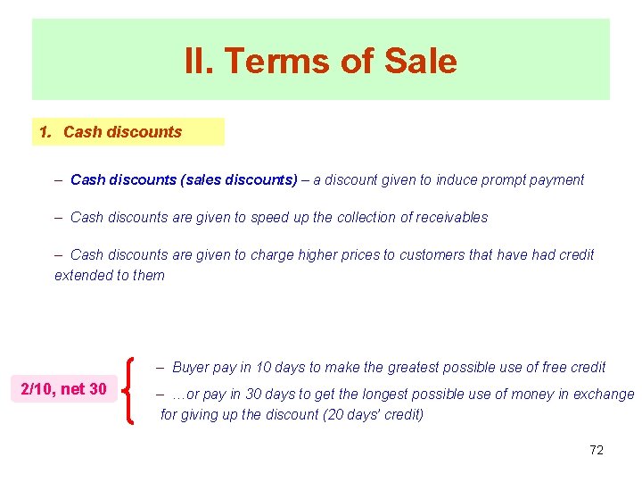 II. Terms of Sale 1. Cash discounts – Cash discounts (sales discounts) – a