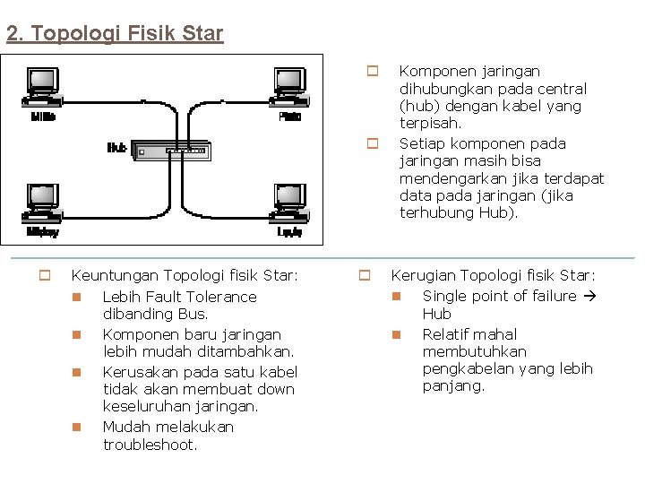 2. Topologi Fisik Star o o o Keuntungan Topologi fisik Star: n Lebih Fault