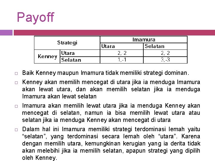 Payoff Baik Kenney maupun Imamura tidak memiliki strategi dominan. Kenney akan memilih mencegat di