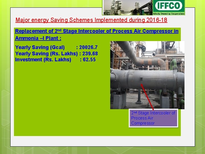 Major energy Saving Schemes Implemented during 2016 -18 Replacement of 2 nd Stage Intercooler Major energy Saving Schemes Implemented during 2016 -18 Replacement of 2 nd Stage Intercooler