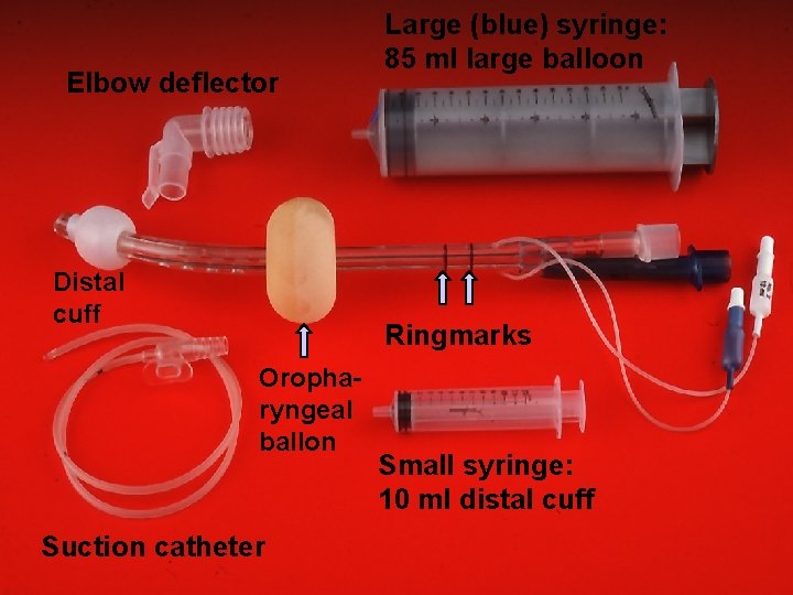 Elbow deflector Distal cuff Large (blue) syringe: 85 ml large balloon Ringmarks Oropharyngeal ballon