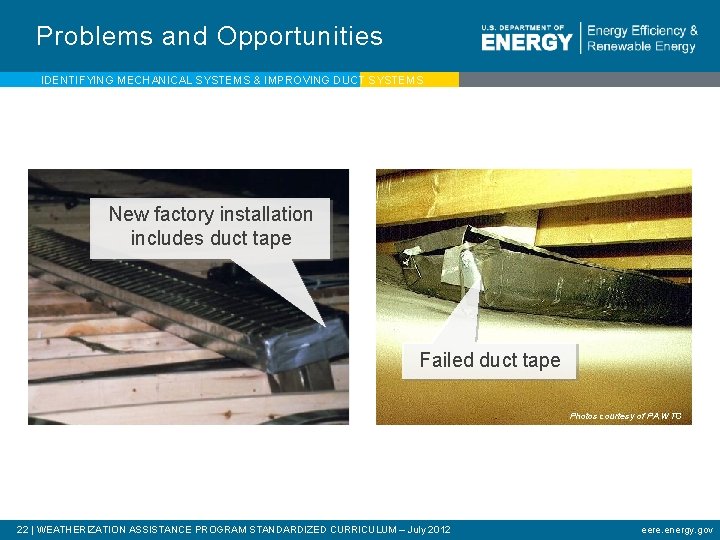 Problems and Opportunities IDENTIFYING MECHANICAL SYSTEMS & IMPROVING DUCT SYSTEMS New factory installation includes