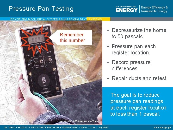 Pressure Pan Testing IDENTIFYING MECHANICAL SYSTEMS & IMPROVING DUCT SYSTEMS Remember this number •