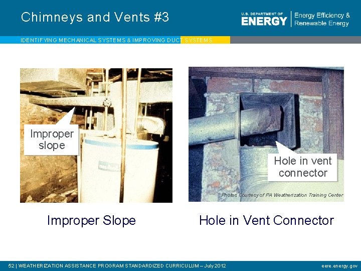 Chimneys and Vents #3 IDENTIFYING MECHANICAL SYSTEMS & IMPROVING DUCT SYSTEMS Improper slope Hole