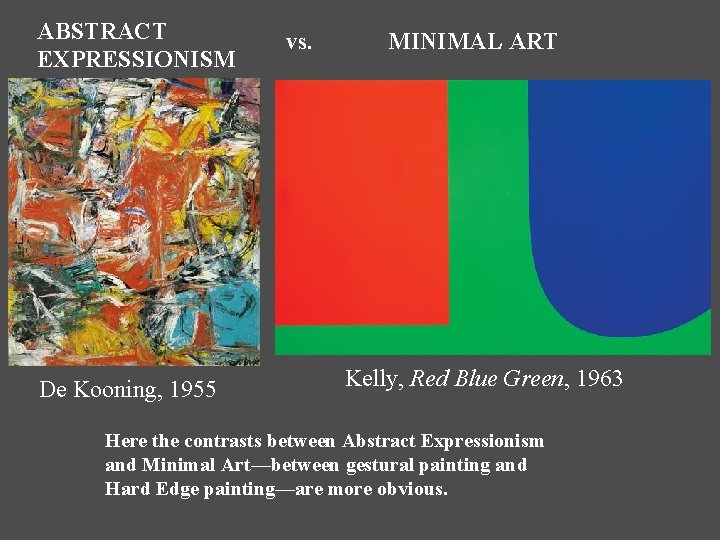 ABSTRACT EXPRESSIONISM De Kooning, 1955 vs. MINIMAL ART Kelly, Red Blue Green, 1963 Here