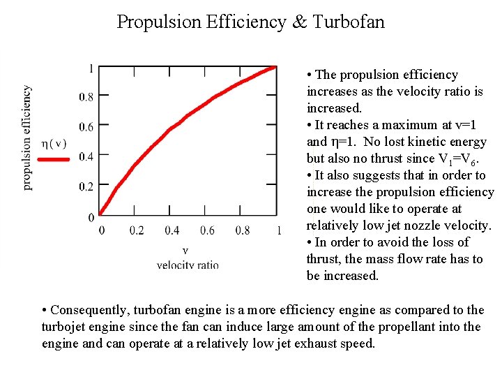 Propulsion Efficiency & Turbofan • The propulsion efficiency increases as the velocity ratio is