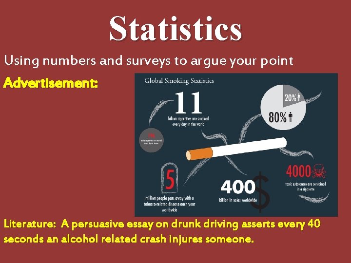 Statistics Using numbers and surveys to argue your point Advertisement: Literature: A persuasive essay Statistics Using numbers and surveys to argue your point Advertisement: Literature: A persuasive essay