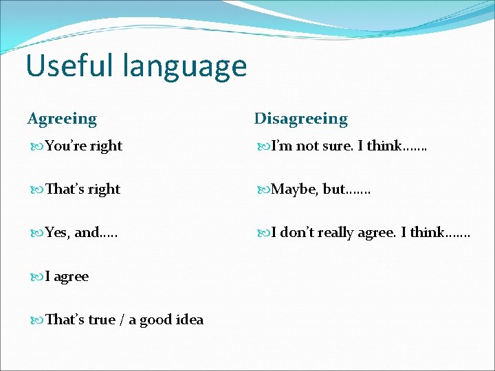 Useful language Agreeing Disagreeing You’re right I’m not sure. I think……. That’s right Maybe,
