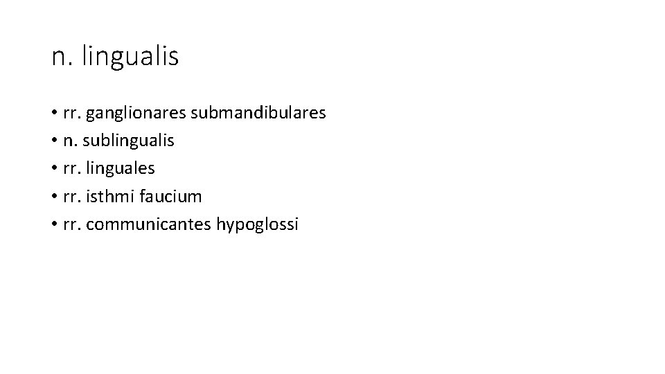 n. lingualis • rr. ganglionares submandibulares • n. sublingualis • rr. linguales • rr. n. lingualis • rr. ganglionares submandibulares • n. sublingualis • rr. linguales • rr.