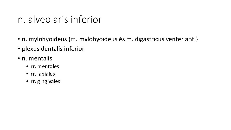 n. alveolaris inferior • n. mylohyoideus (m. mylohyoideus és m. digastricus venter ant. ) n. alveolaris inferior • n. mylohyoideus (m. mylohyoideus és m. digastricus venter ant. )
