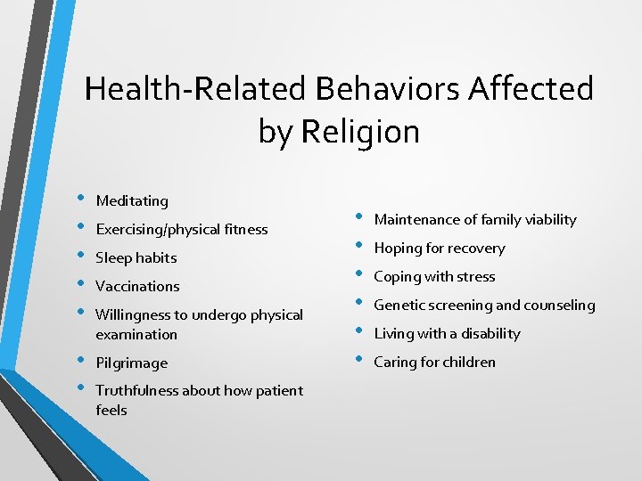 Health-Related Behaviors Affected by Religion • • • Meditating • • Pilgrimage Exercising/physical fitness