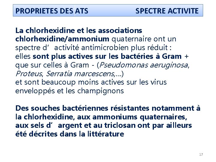 PROPRIETES DES ATS SPECTRE ACTIVITE La chlorhexidine et les associations chlorhexidine/ammonium quaternaire ont un PROPRIETES DES ATS SPECTRE ACTIVITE La chlorhexidine et les associations chlorhexidine/ammonium quaternaire ont un