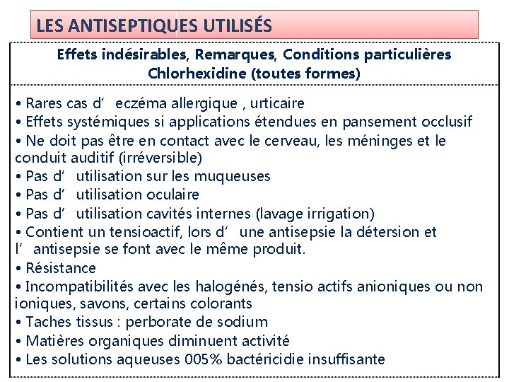 LES ANTISEPTIQUES UTILISÉS Effets indésirables, Remarques, Conditions particulières Chlorhexidine (toutes formes) • Rares cas LES ANTISEPTIQUES UTILISÉS Effets indésirables, Remarques, Conditions particulières Chlorhexidine (toutes formes) • Rares cas