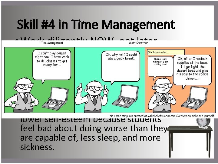 Skill #4 in Time Management • Work diligently NOW, not later - Procrastination happens