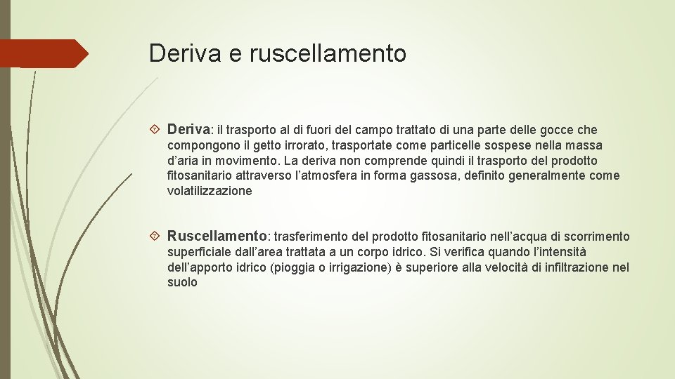 Deriva e ruscellamento Deriva: il trasporto al di fuori del campo trattato di una