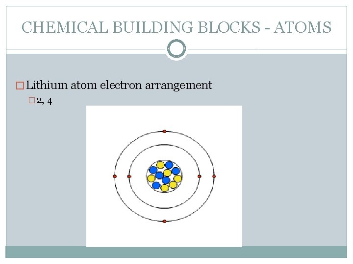 CHEMICAL BUILDING BLOCKS - ATOMS � Lithium atom electron arrangement � 2, 4 