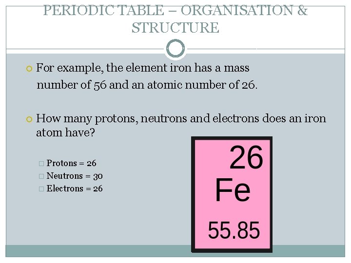 PERIODIC TABLE – ORGANISATION & STRUCTURE For example, the element iron has a mass