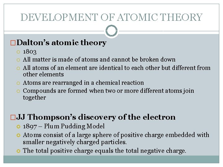 DEVELOPMENT OF ATOMIC THEORY �Dalton’s atomic theory 1803 All matter is made of atoms