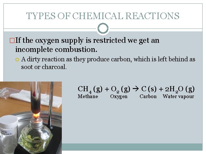 TYPES OF CHEMICAL REACTIONS �If the oxygen supply is restricted we get an incomplete