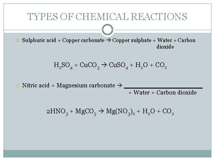 TYPES OF CHEMICAL REACTIONS Sulphuric acid + Copper carbonate Copper sulphate + Water +