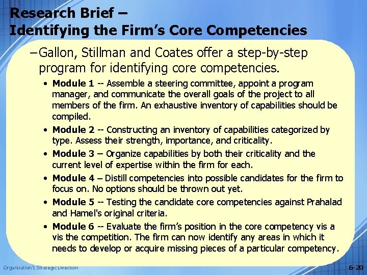 Research Brief – Identifying the Firm’s Core Competencies – Gallon, Stillman and Coates offer